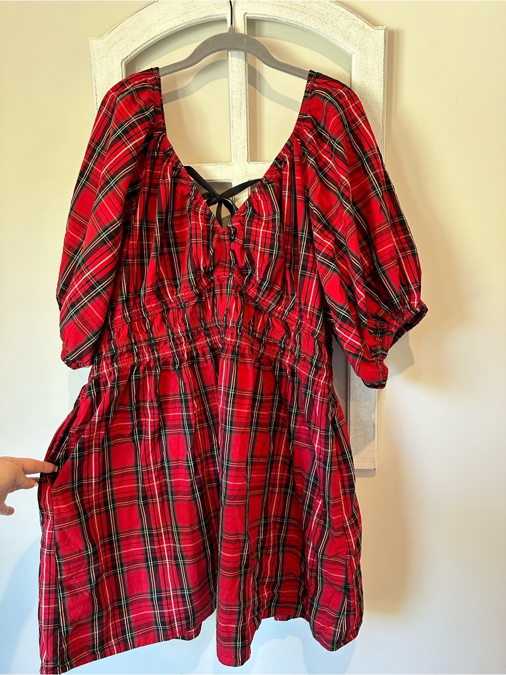 Red Plaid Puff-Sleeve Women’s Dress